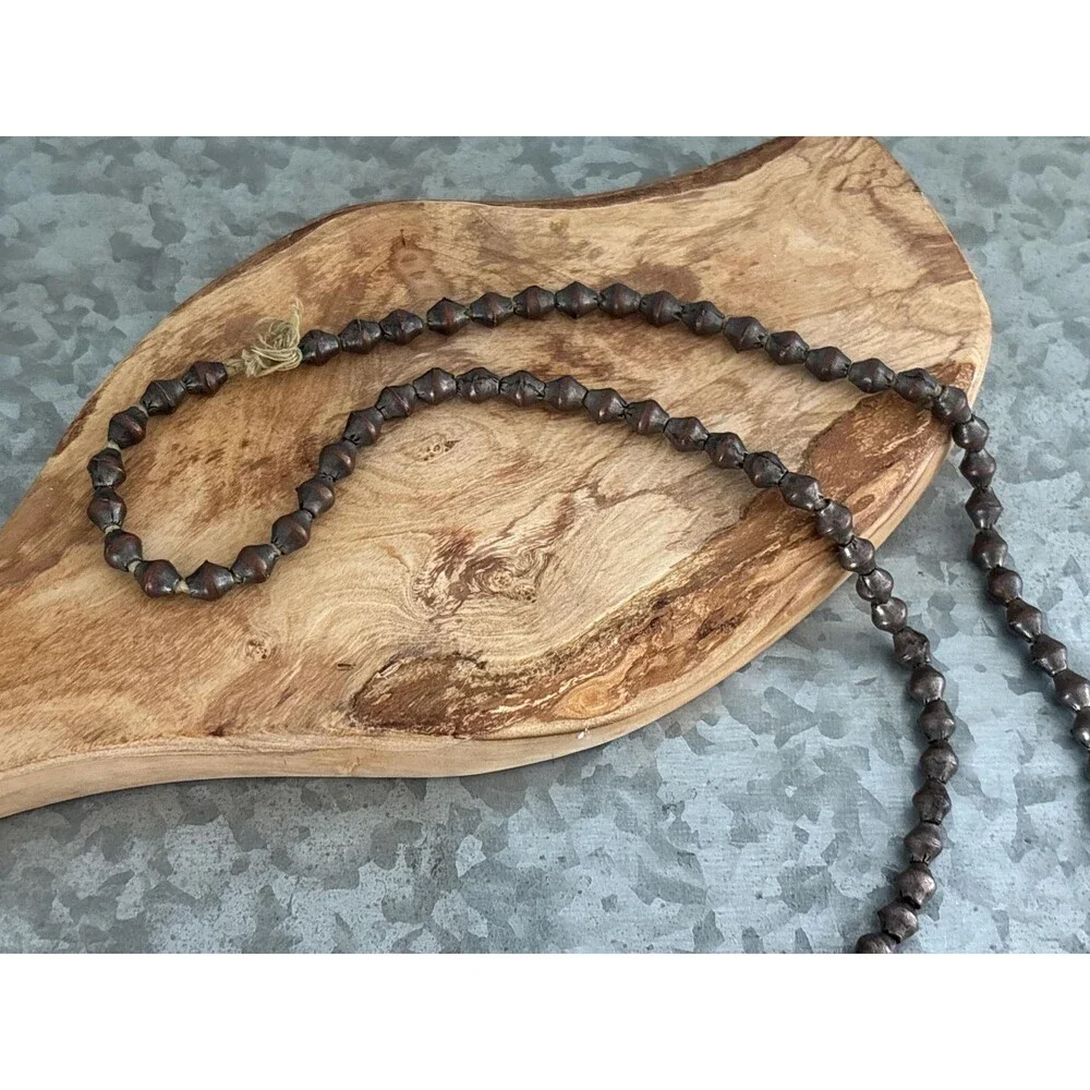 Vintage Hand Strung Metal Beaded Necklace Aged Copper Toned Beads Fiber Cord